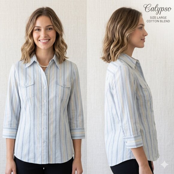 Calypso Tops - Calypso Light Blue & Yellow Striped Button-Down Shirt - Size Large
